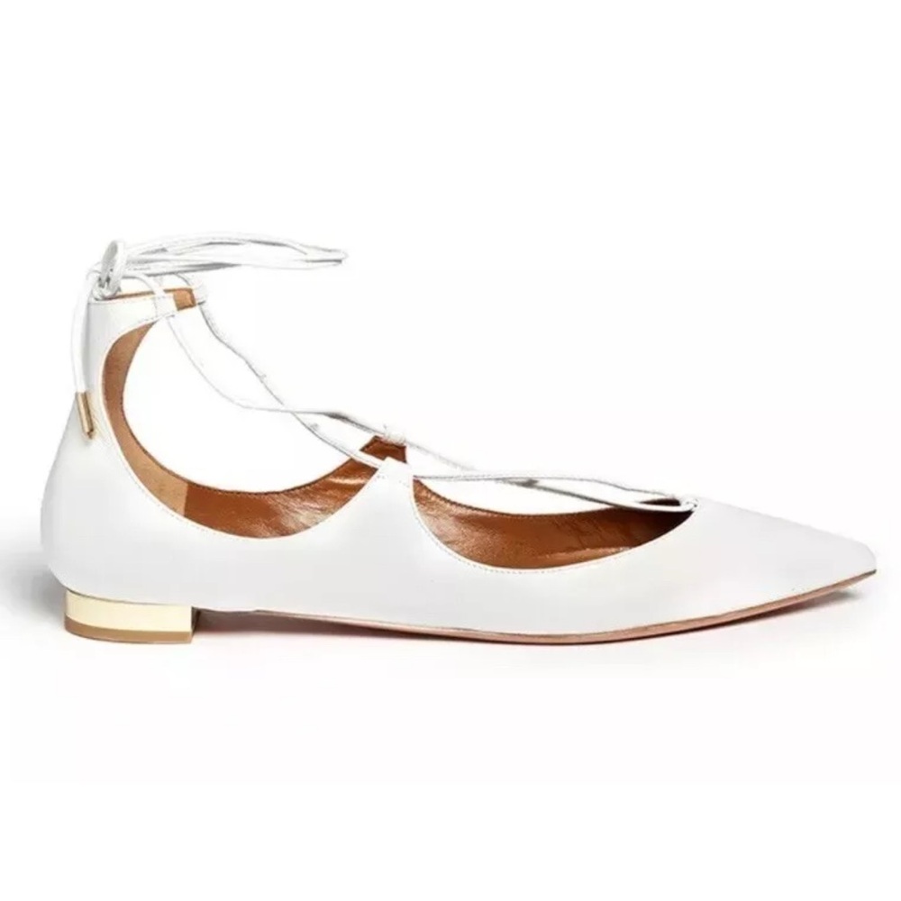 AQUAZZURA CHRISTY WHITE LEATHER LACE UP ANKLE WRAP POINTED TOE BALLET FLATS